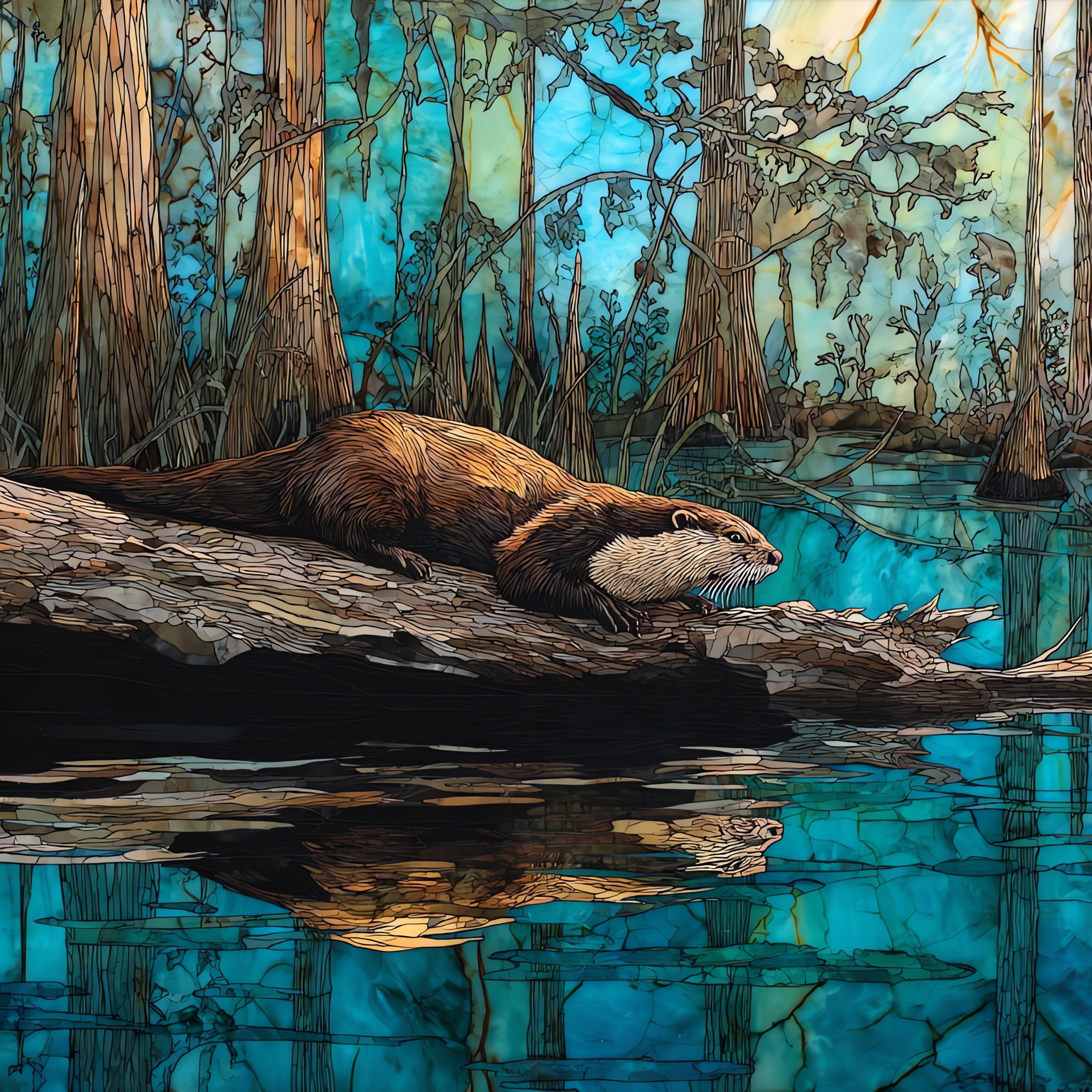a river otter on a fallen cypress log — ceramic art tile