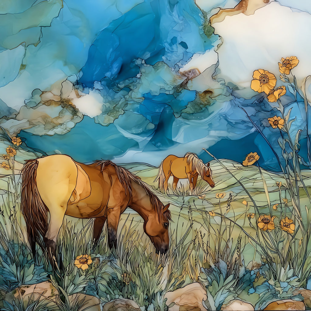 Assateague wild ponies on — ceramic art tile