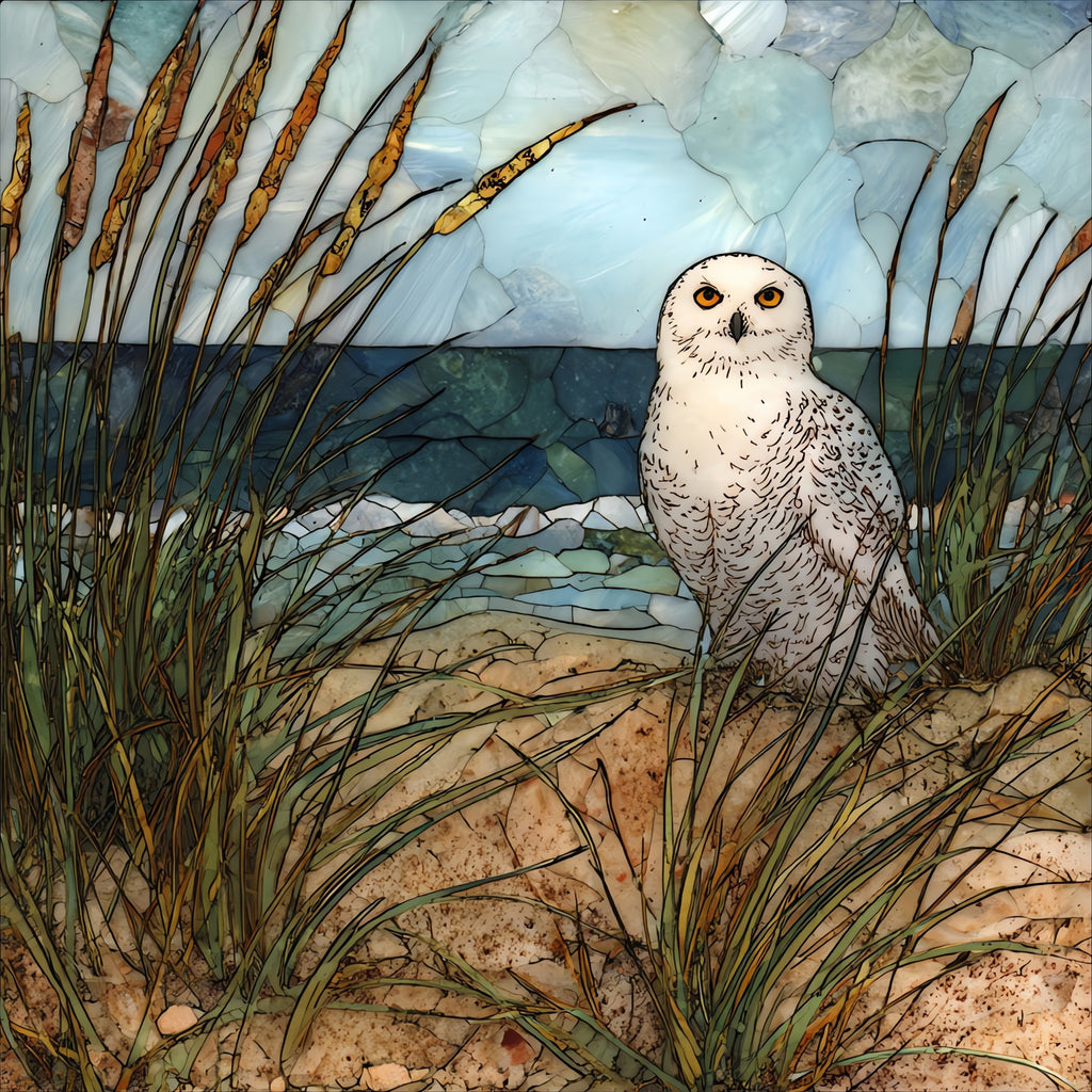 a snowy owl on a wind-shaped — ceramic art tile