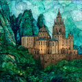 Montserrat monastery on jagged peaks — ceramic art tile