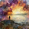 a hiker silhouetted on — ceramic art tile