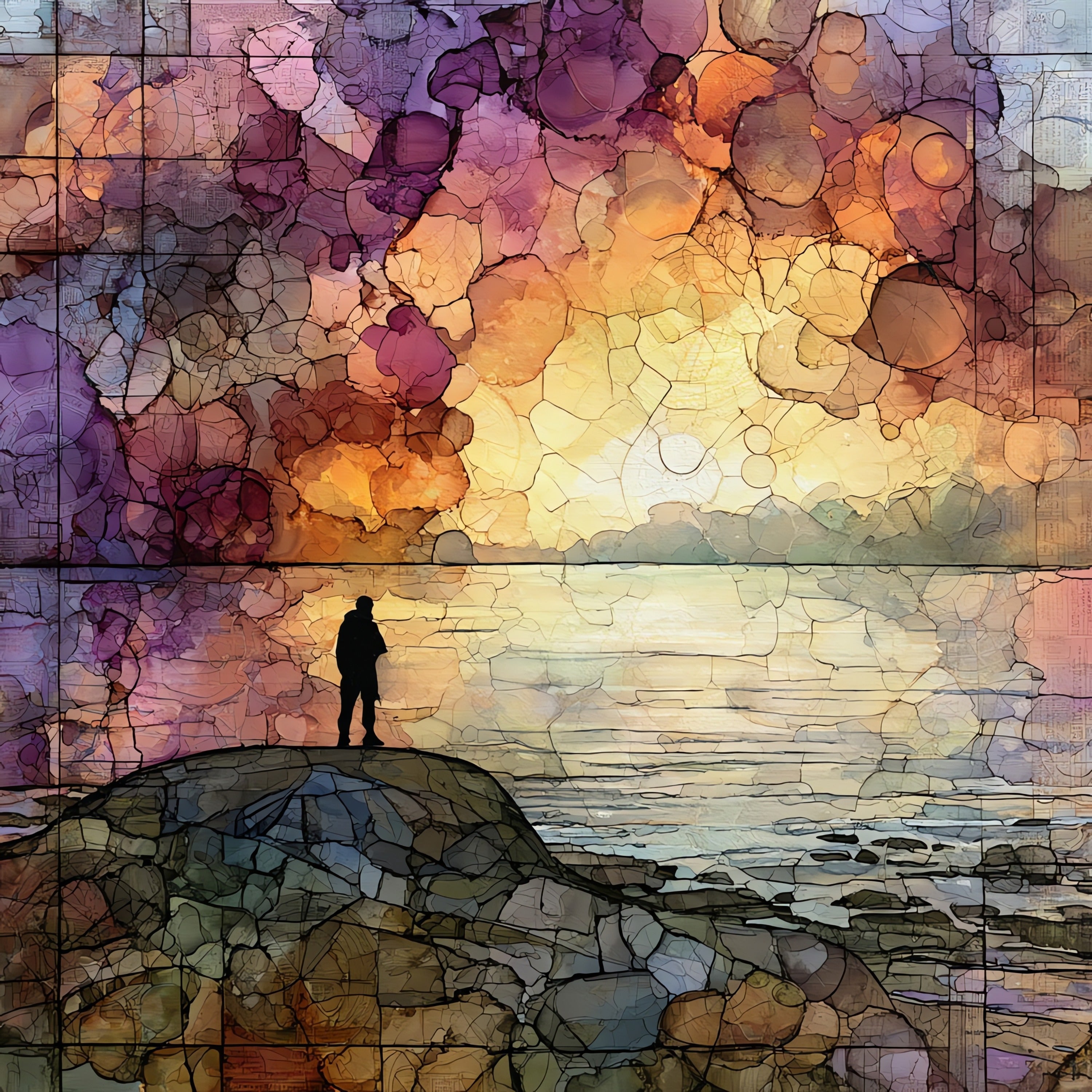 a hiker silhouetted on — ceramic art tile