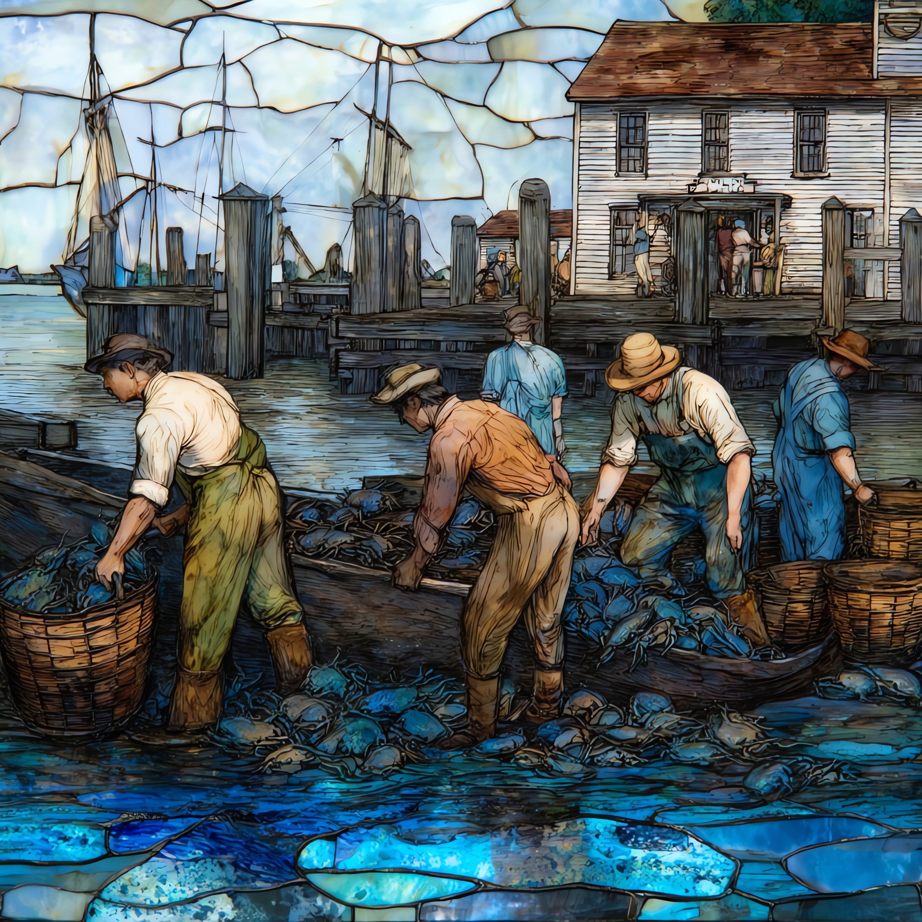 Crisfield watermen unloading blue — ceramic art tile