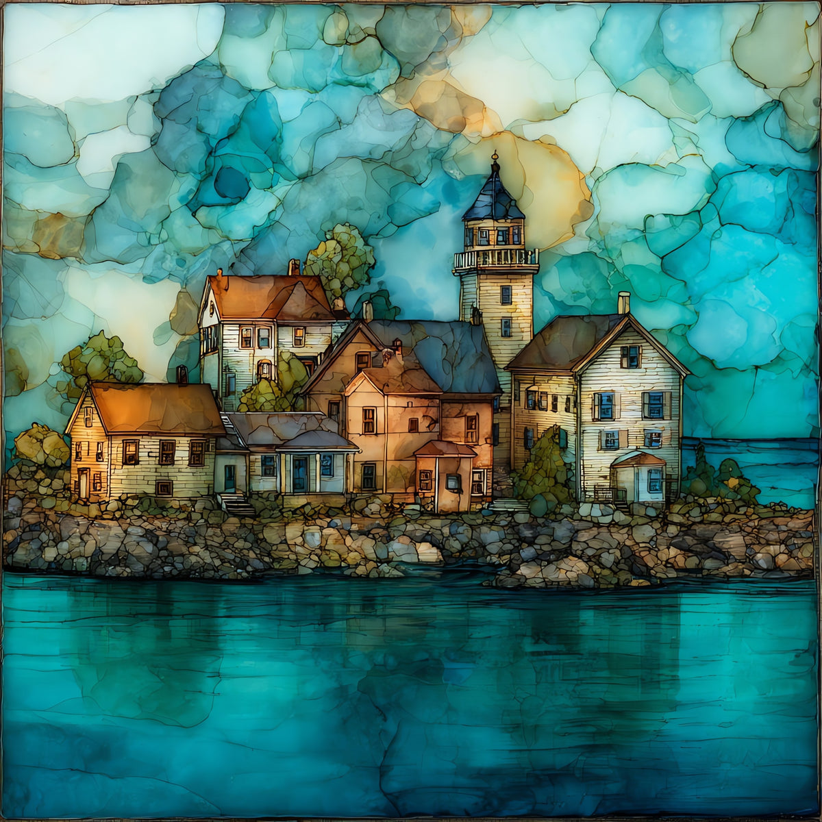 the Smith Island village viewed — ceramic art tile