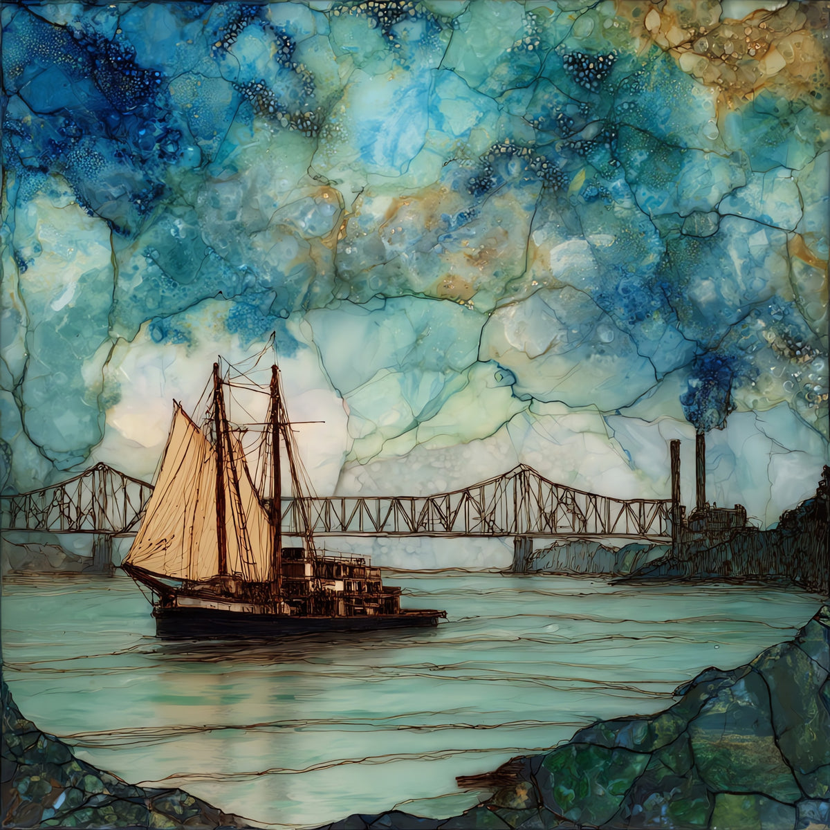a Mississippi River barge crossing the — ceramic art tile