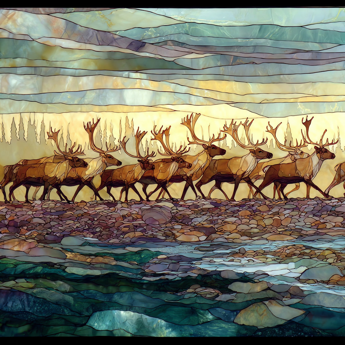 a caribou herd crossing — ceramic art tile