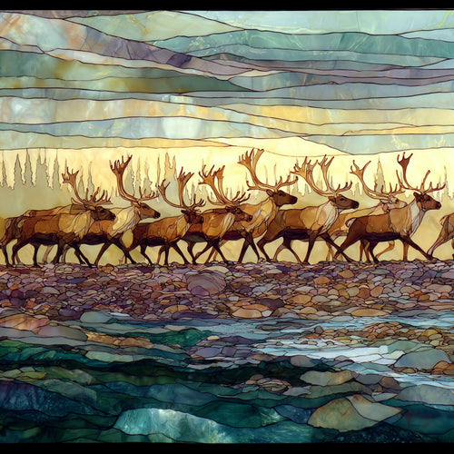 a caribou herd crossing — ceramic art tile