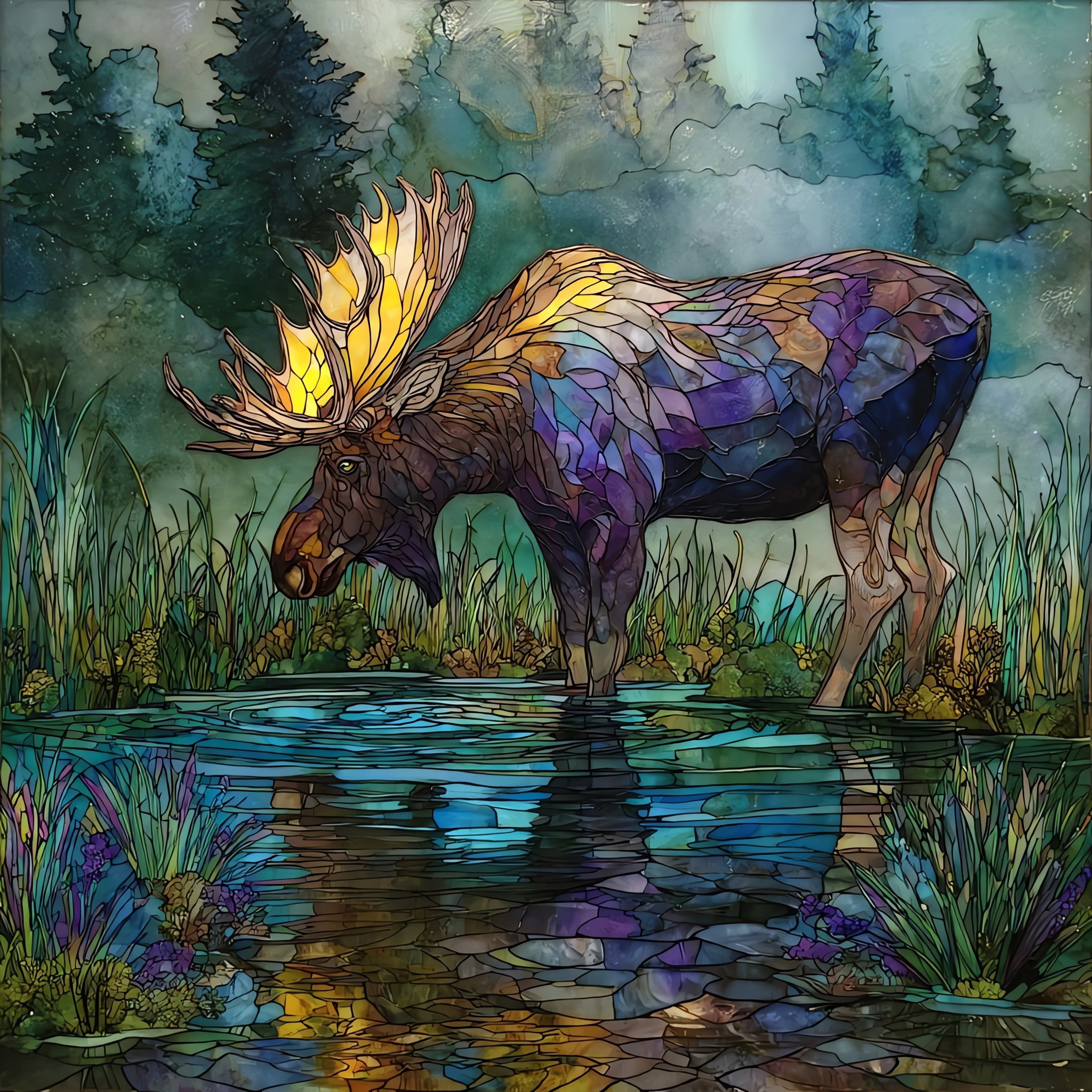 a bull moose knee-deep — ceramic art tile