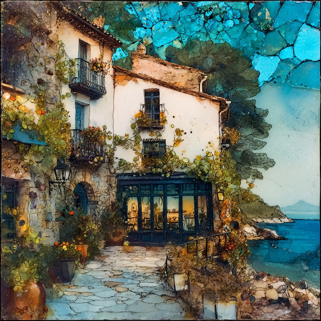 Small Costa Brava Hotel Terrace Cafe Looking Out at the Mediterranean — ceramic art tile