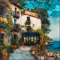 Small Costa Brava Hotel Terrace Cafe Looking Out at the Mediterranean — ceramic art tile