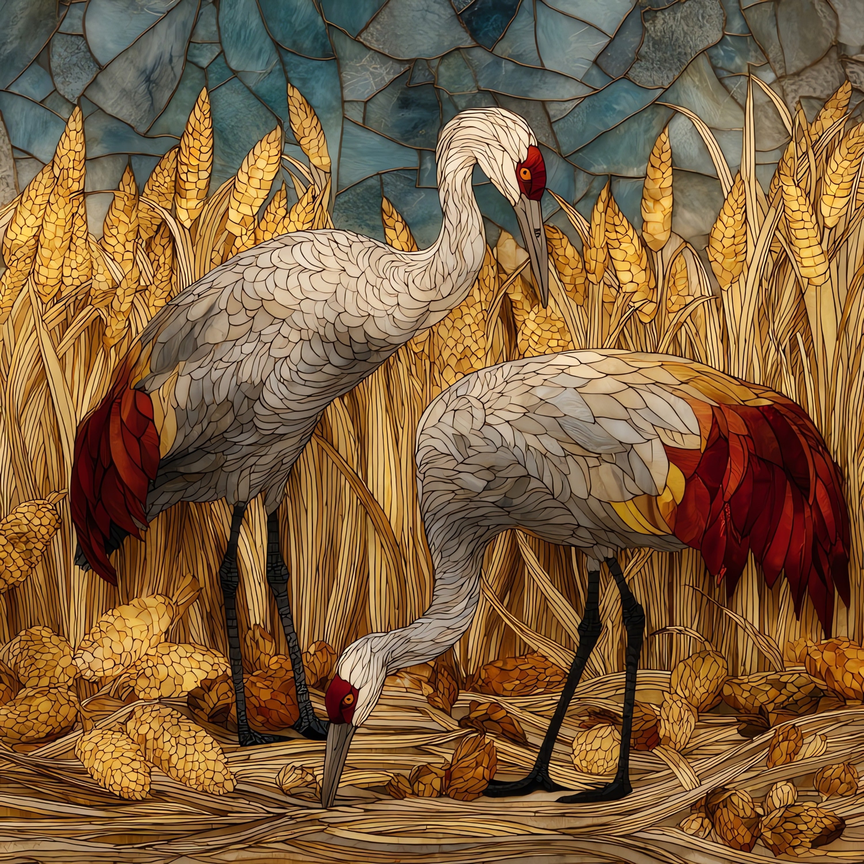 sandhill cranes feeding in — ceramic art tile