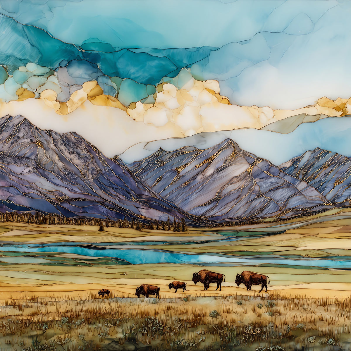 a bison herd grazing the Lamar — ceramic art tile