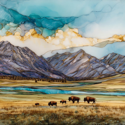 a bison herd grazing the Lamar — ceramic art tile