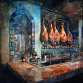 Andalusian Jamoneria Hanging Jamon Iberico Legs Aged Hams Behind the Bar — ceramic art tile
