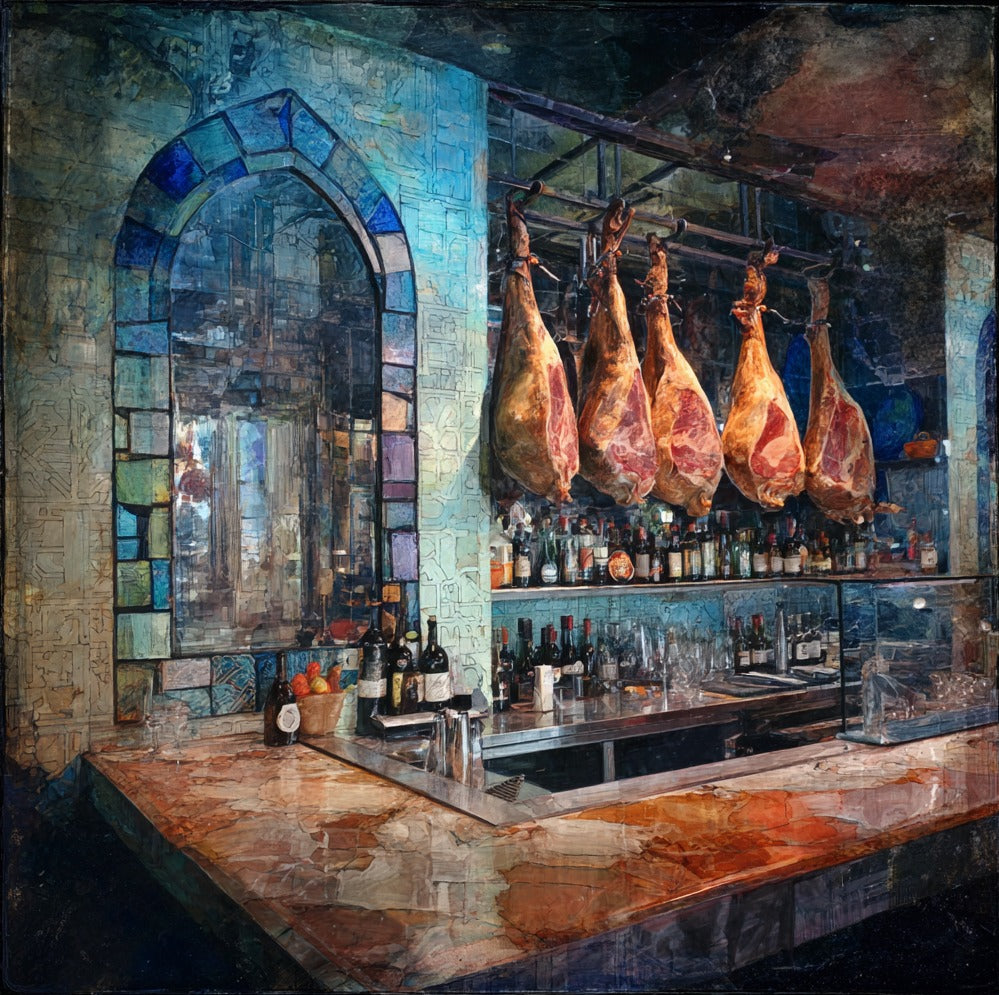 Andalusian Jamoneria Hanging Jamon Iberico Legs Aged Hams Behind the Bar — ceramic art tile