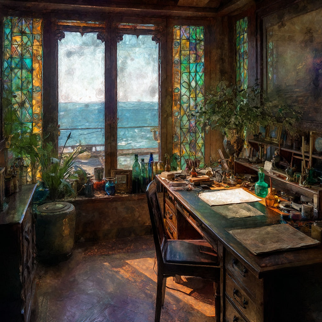 Cau Ferrat Museum Studio Interior Painted Glass a Writer S Desk by the Sea Windo — ceramic art tile