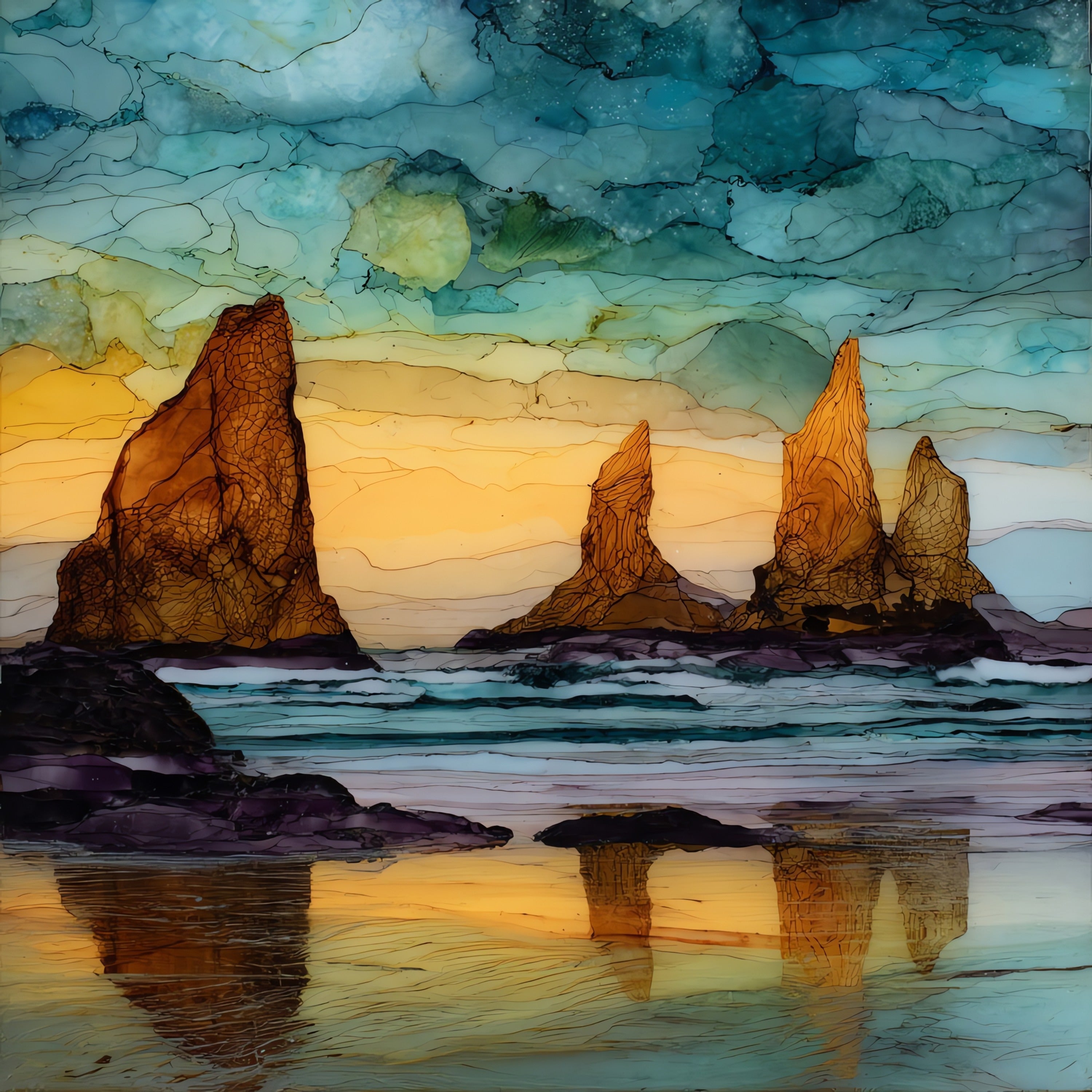 Bandon Beach sea stacks rising — ceramic art tile