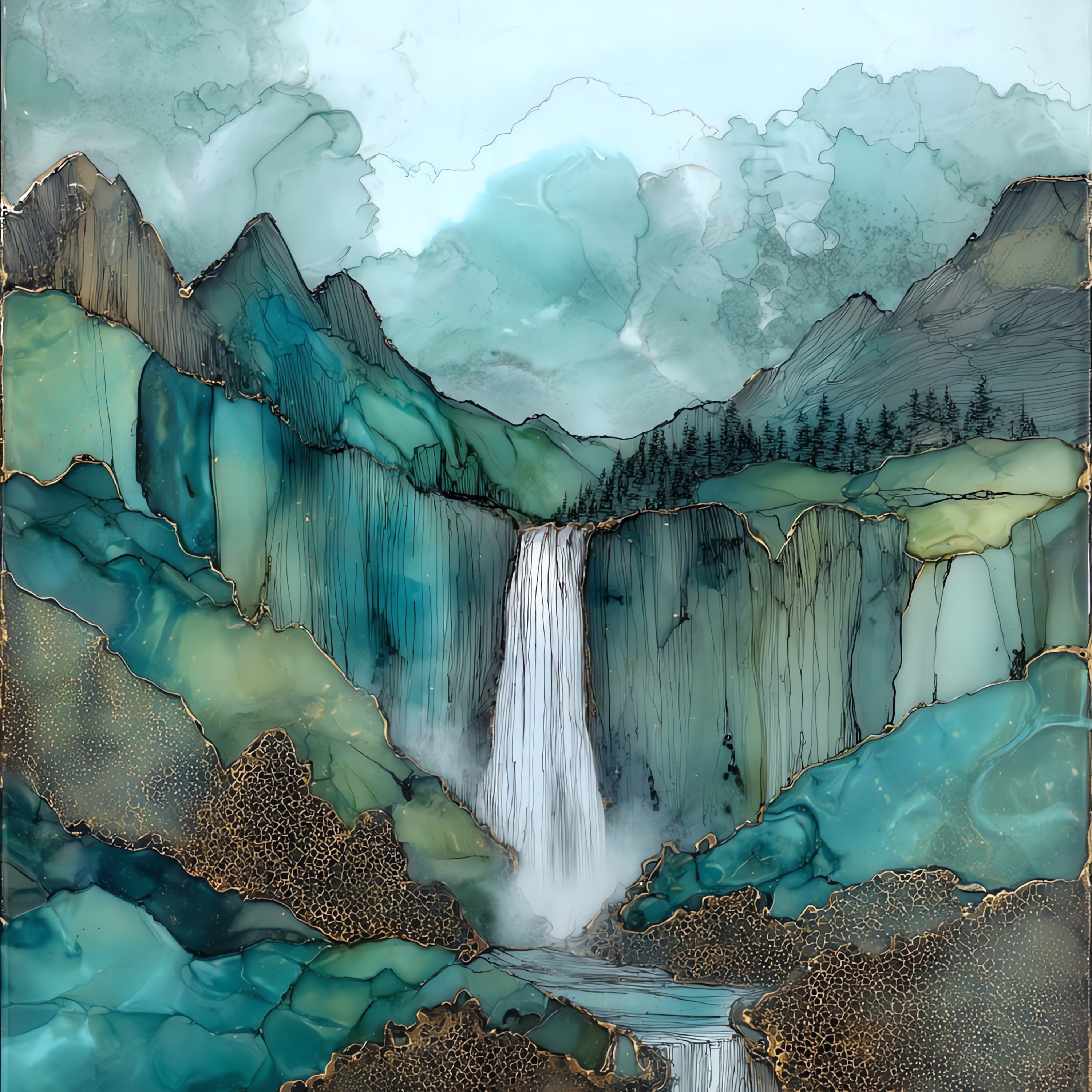 Bird Woman Falls plunging — ceramic art tile