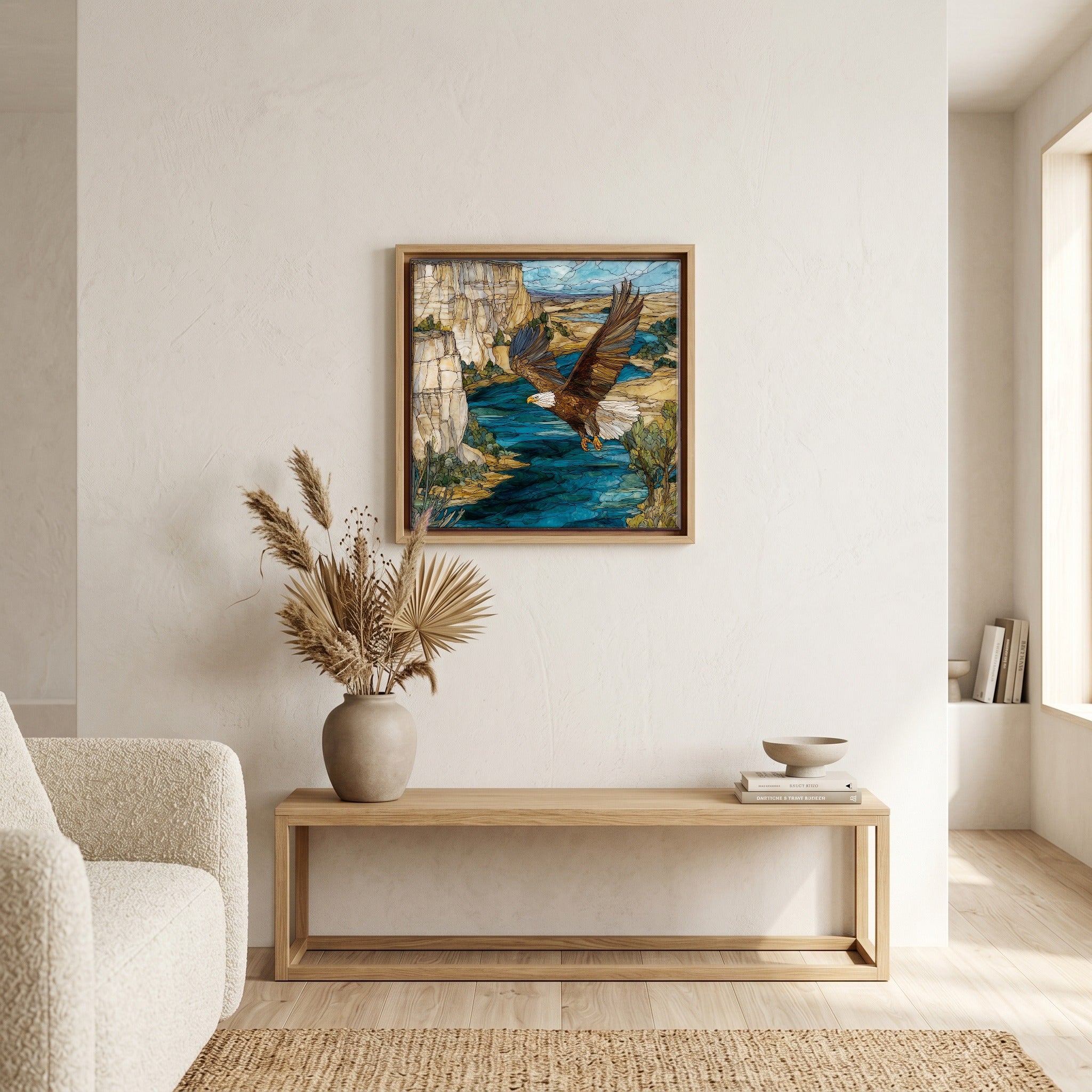 In the living room, above the sofa.