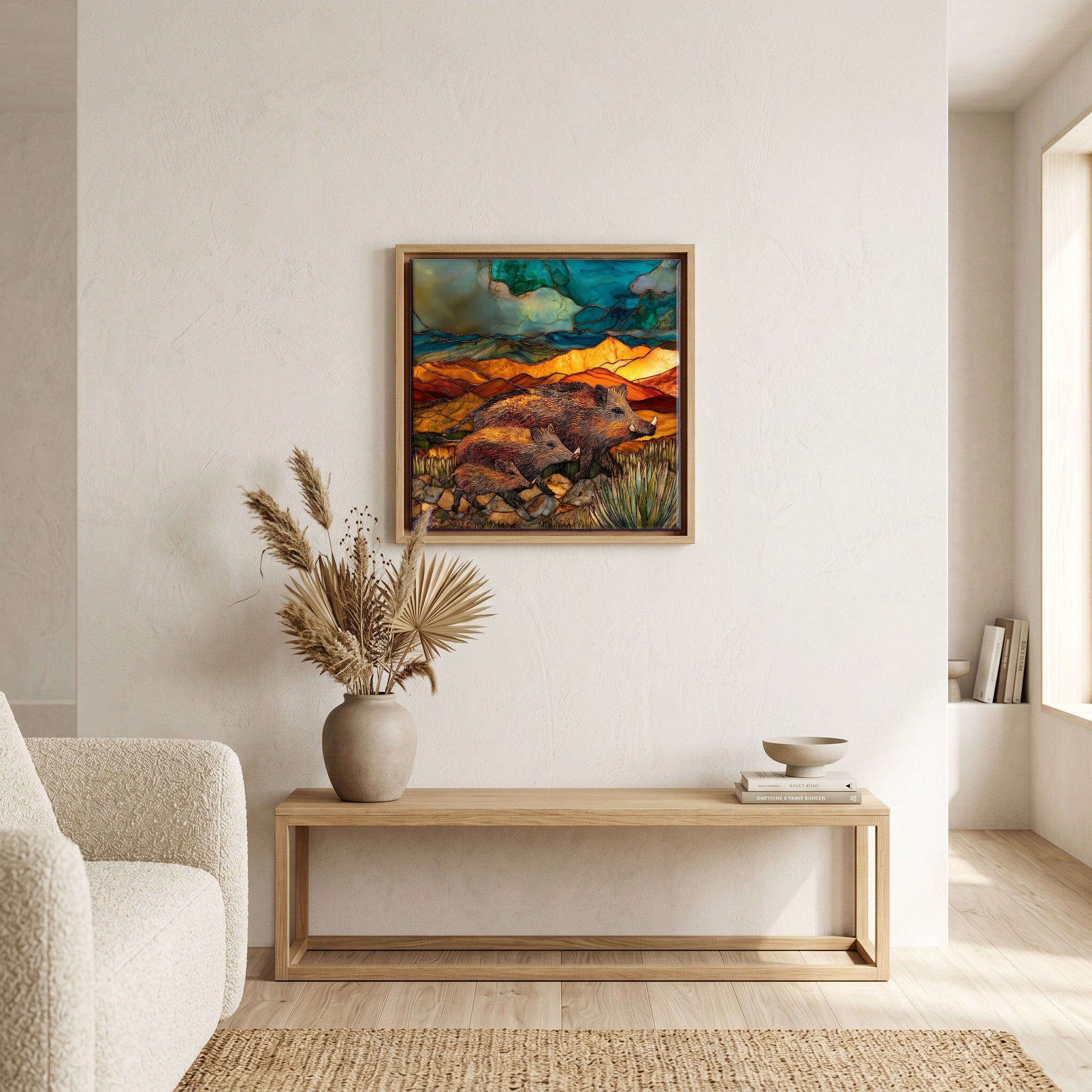 In the living room, above the sofa.