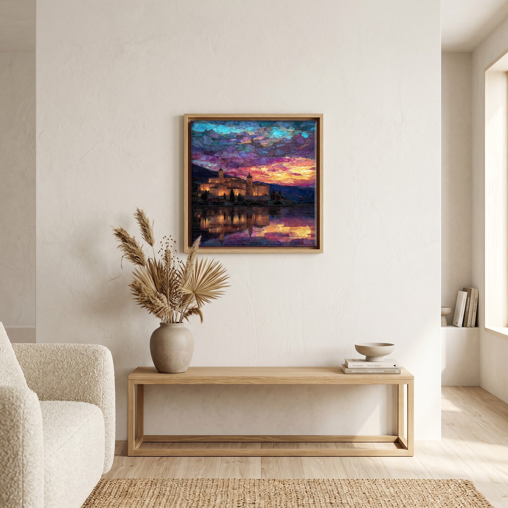Above the bench, in a warm oak surround.