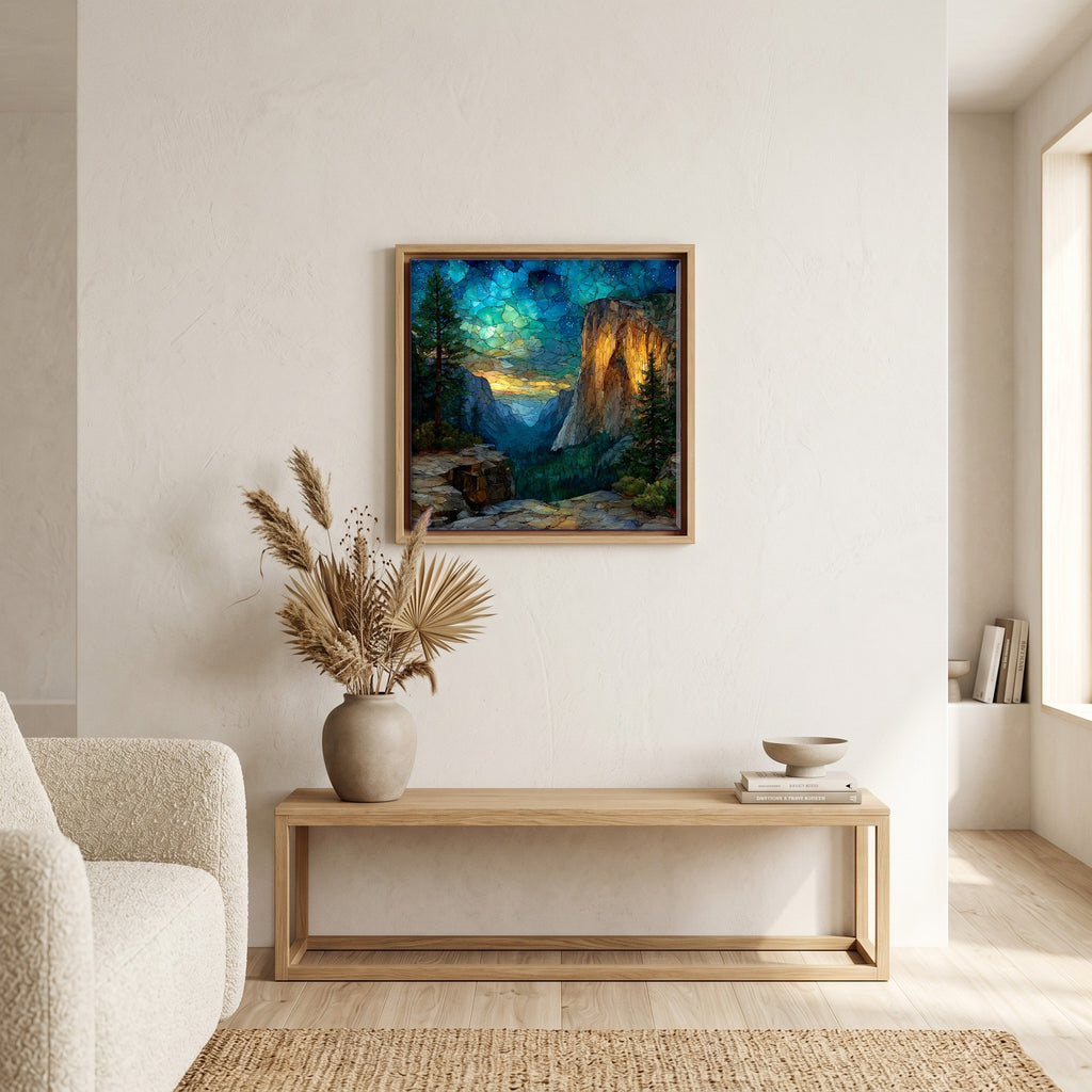 In the living room, above the sofa.
