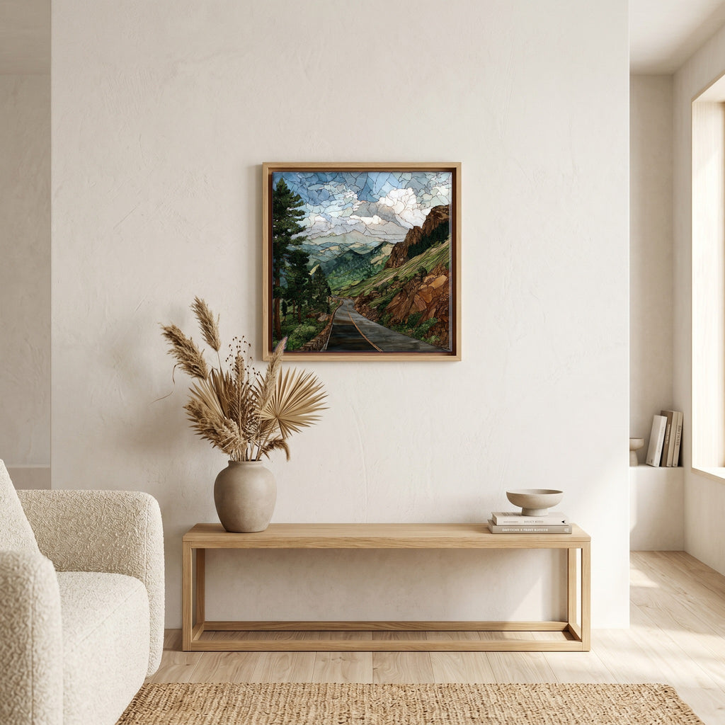 In the living room, above the sofa.