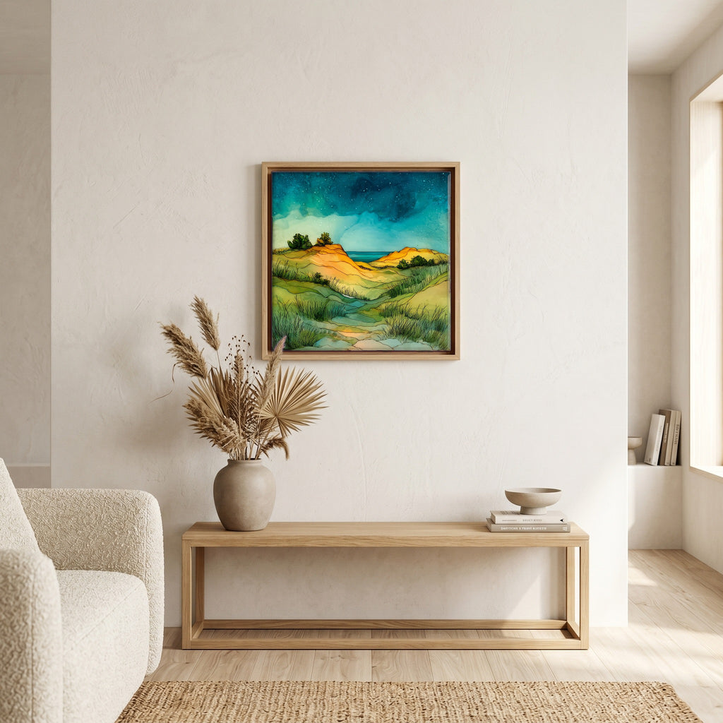 In the living room, above the sofa.