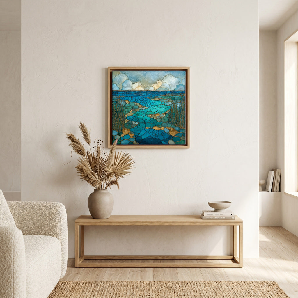In the living room, above the sofa.