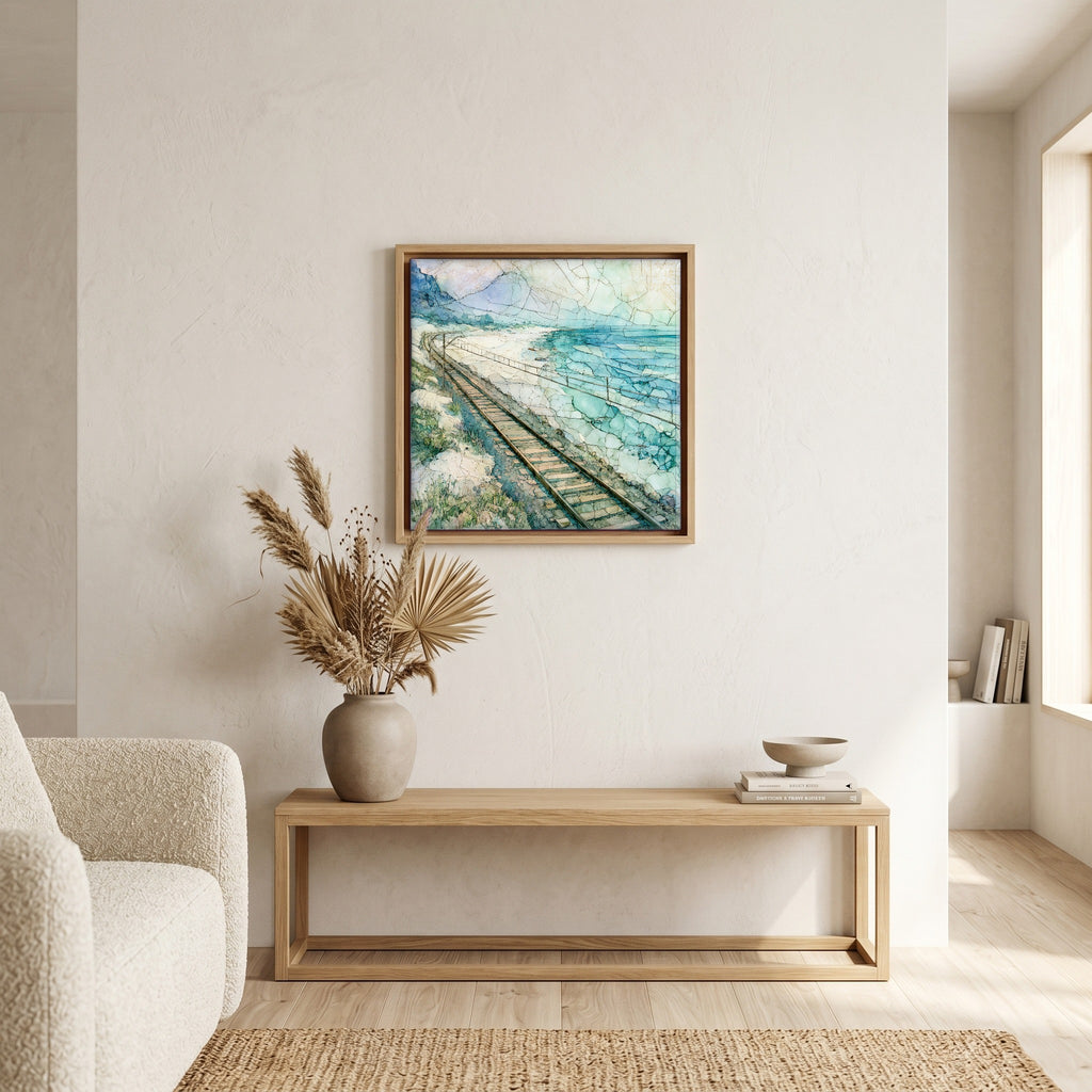 In the living room, above the sofa.
