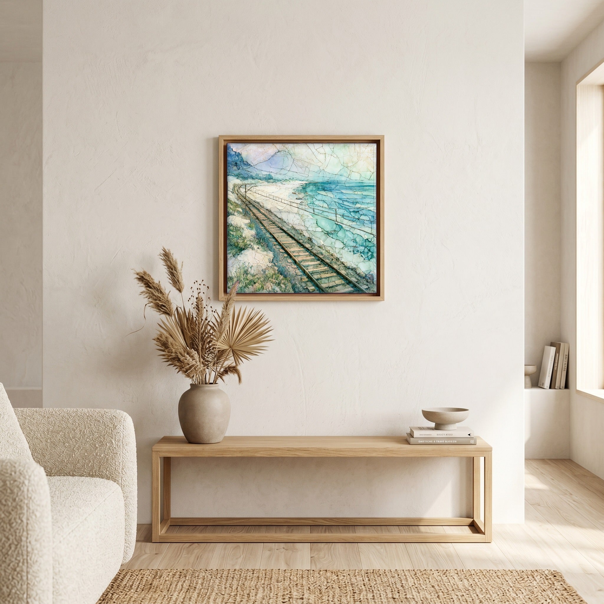 In the living room, above the sofa.