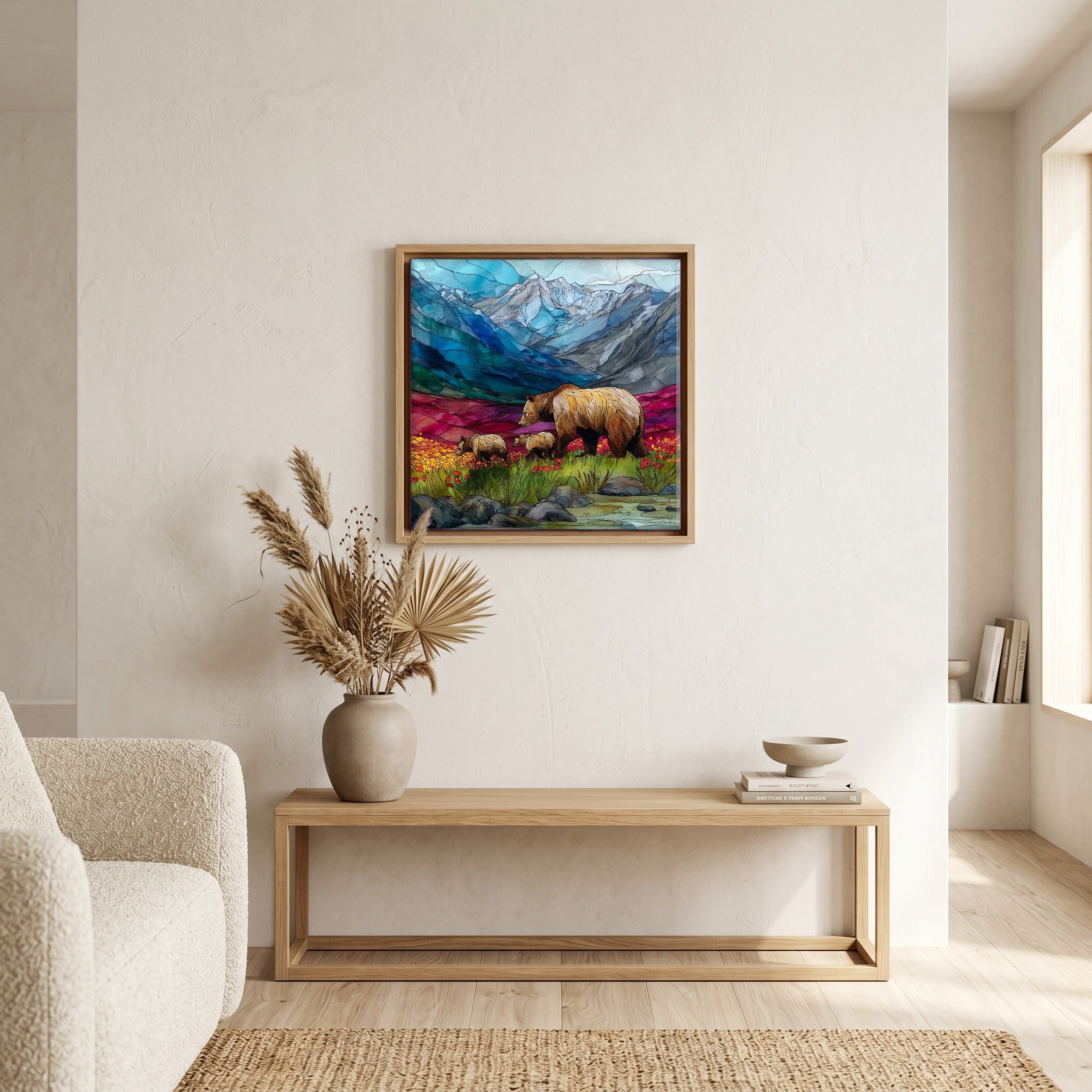 In the living room, above the sofa.