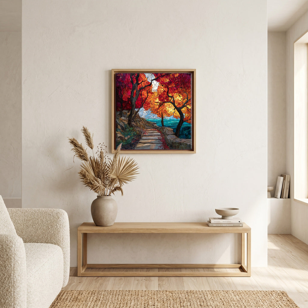 In the living room, above the sofa.