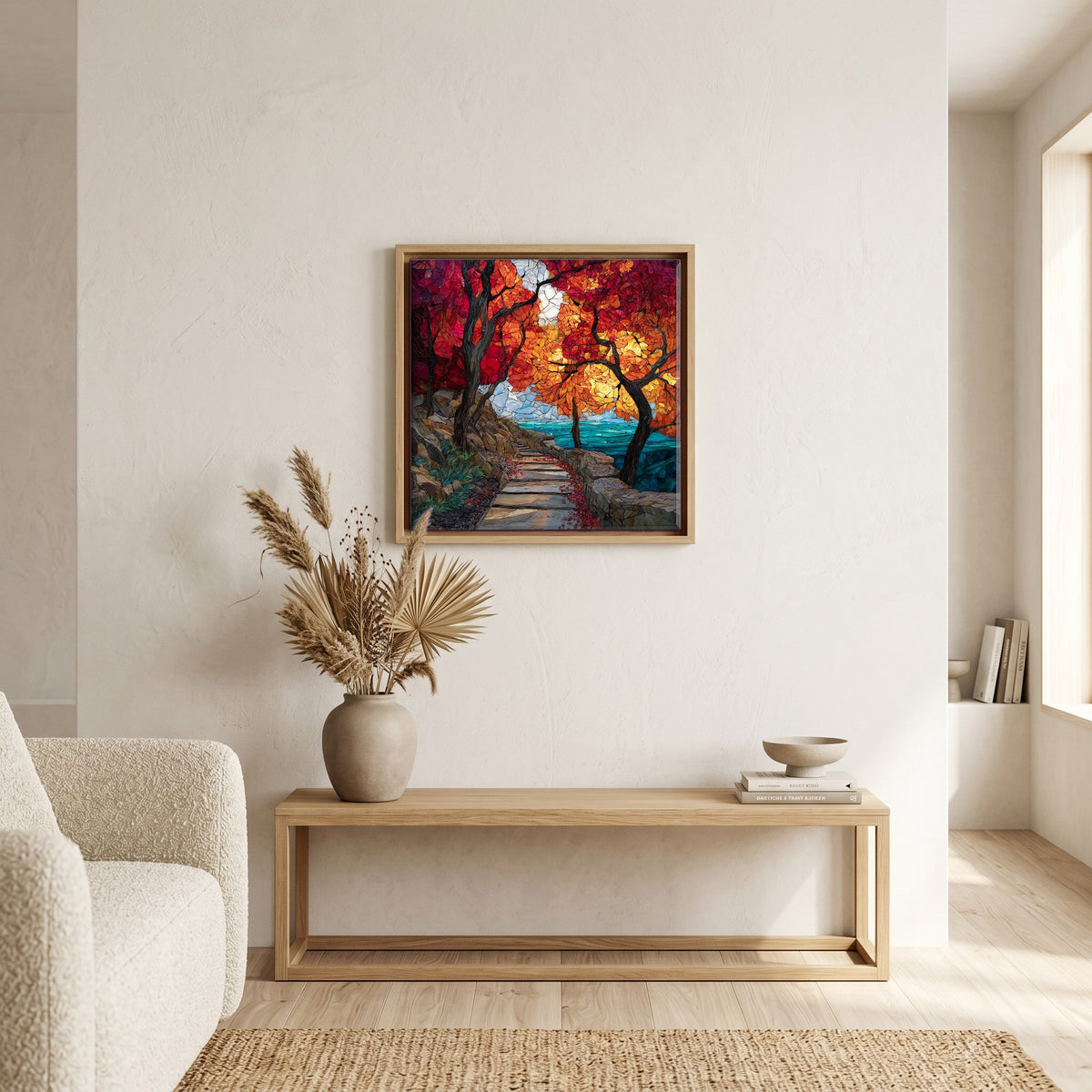 In the living room, above the sofa.