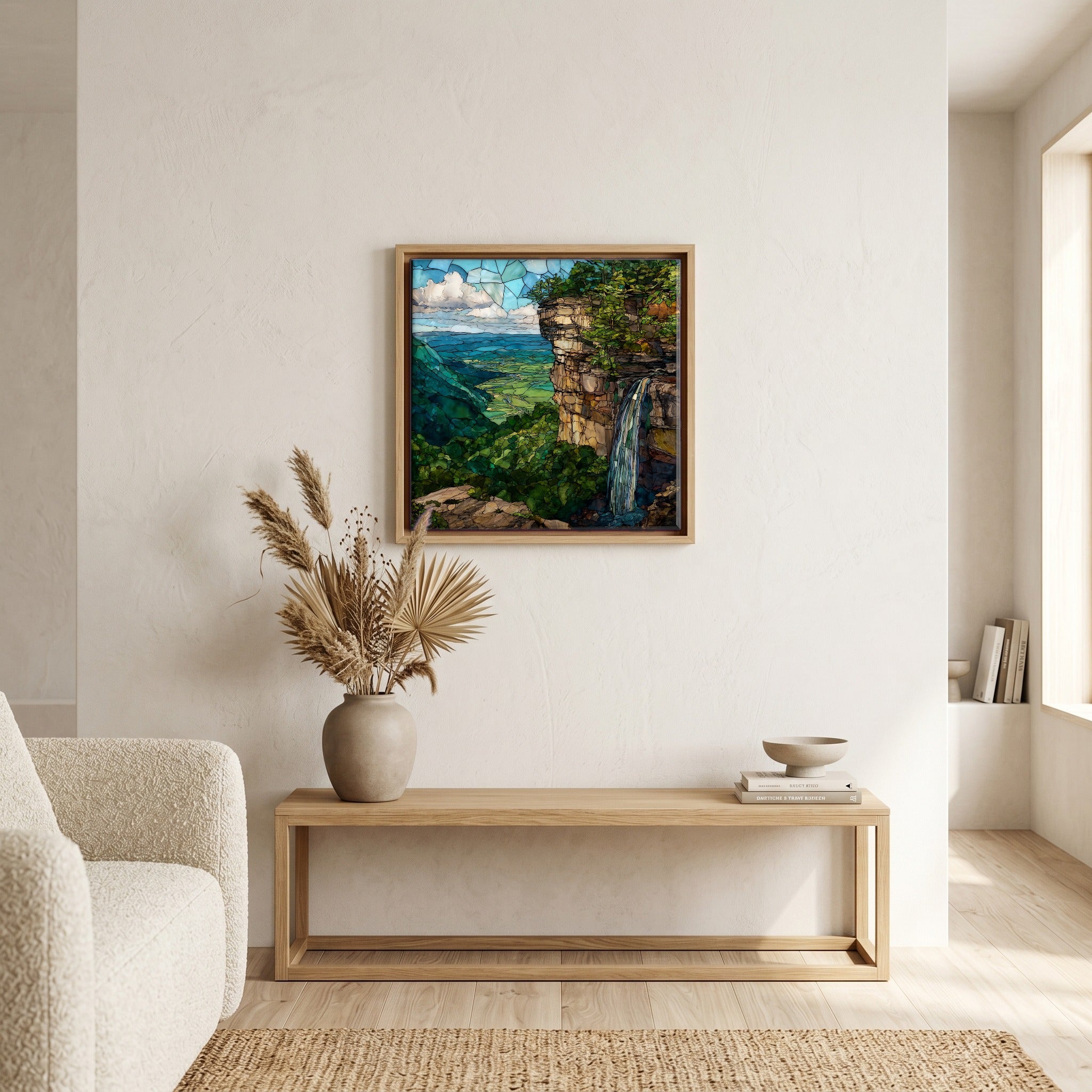 In the living room, above the sofa.