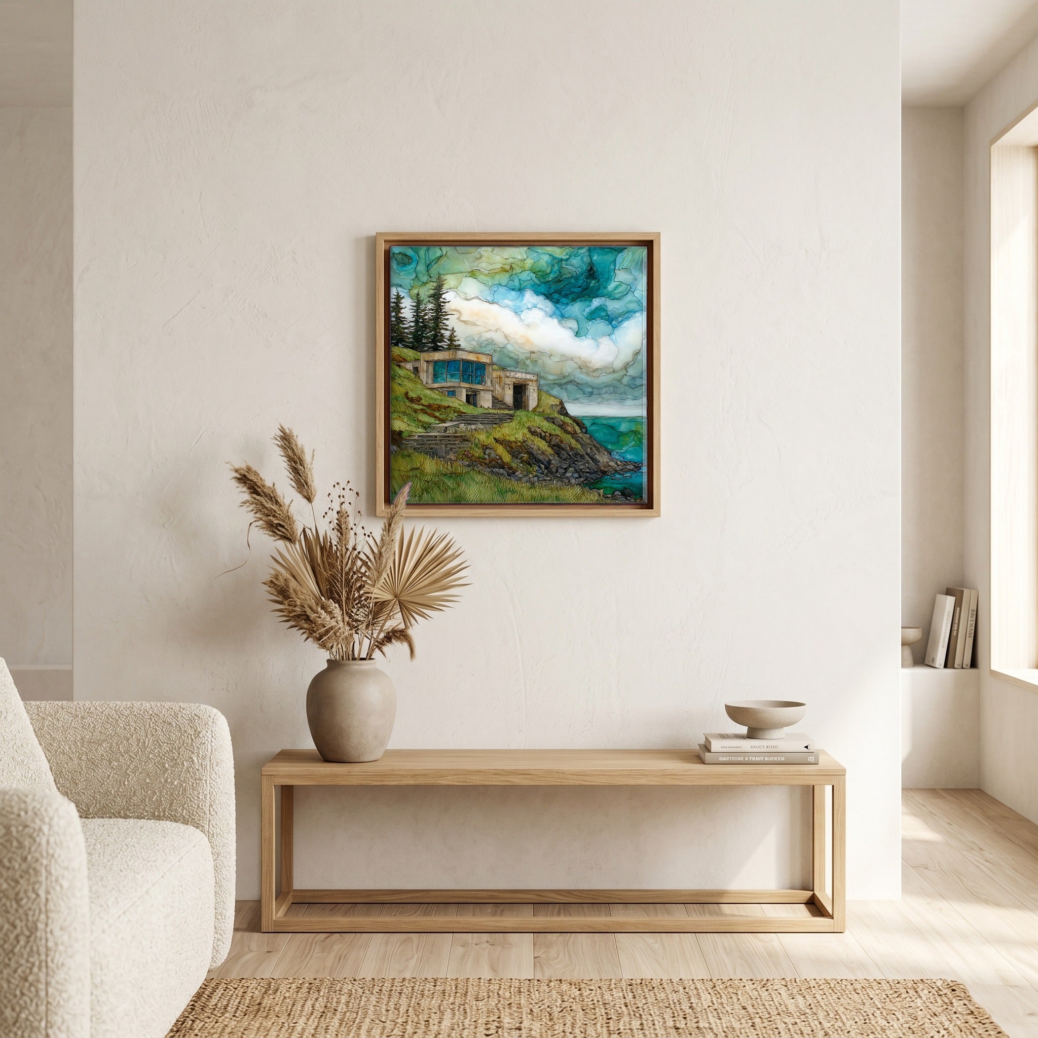 In the living room, above the sofa.