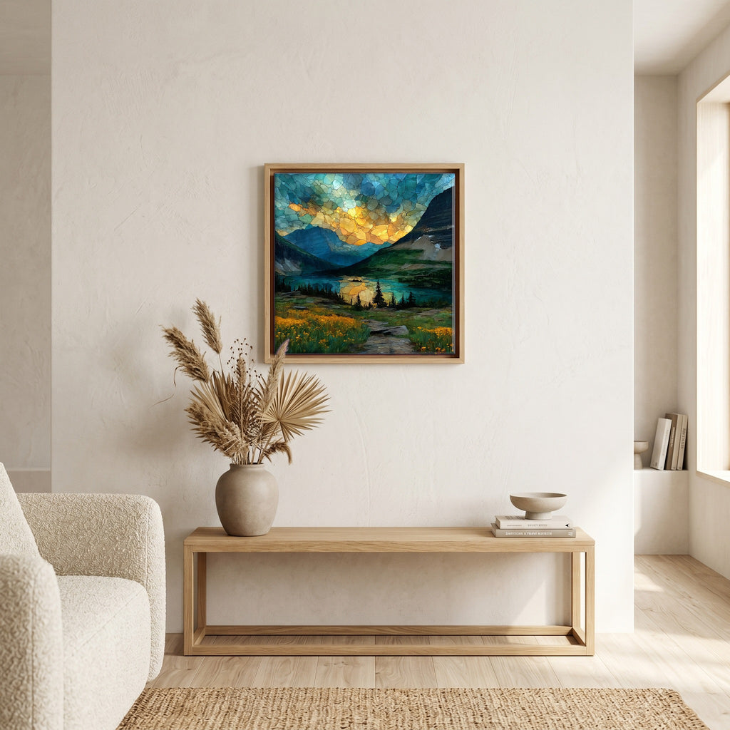 In the living room, above the sofa.