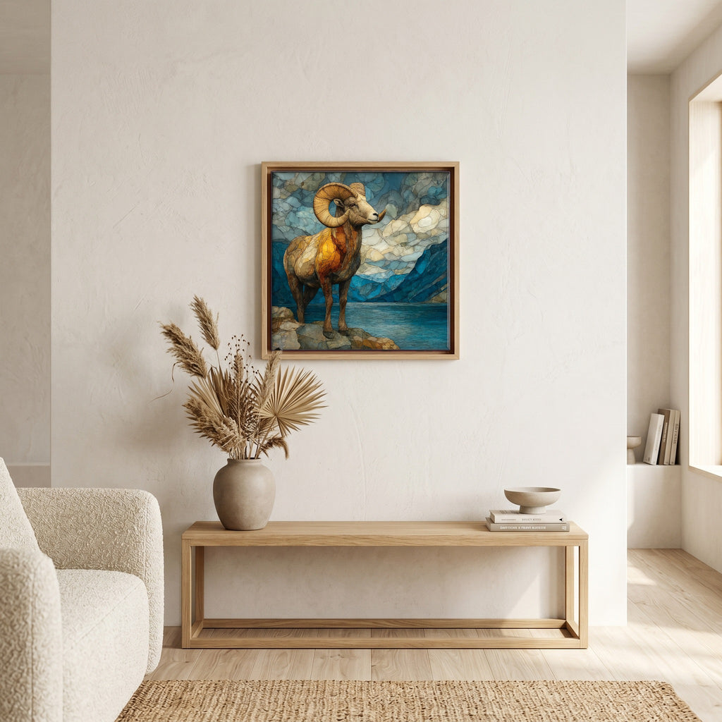 In the living room, above the sofa.