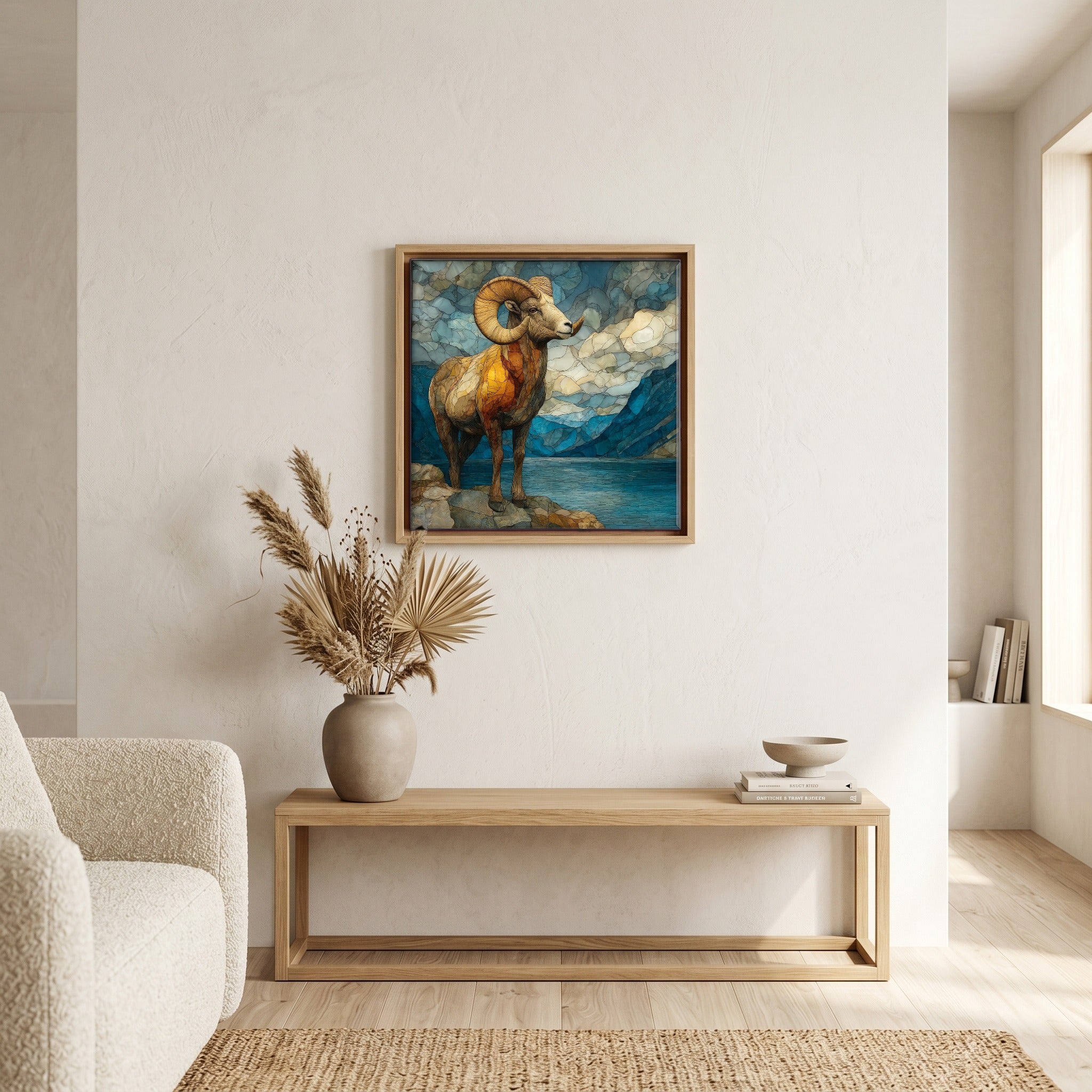 In the living room, above the sofa.
