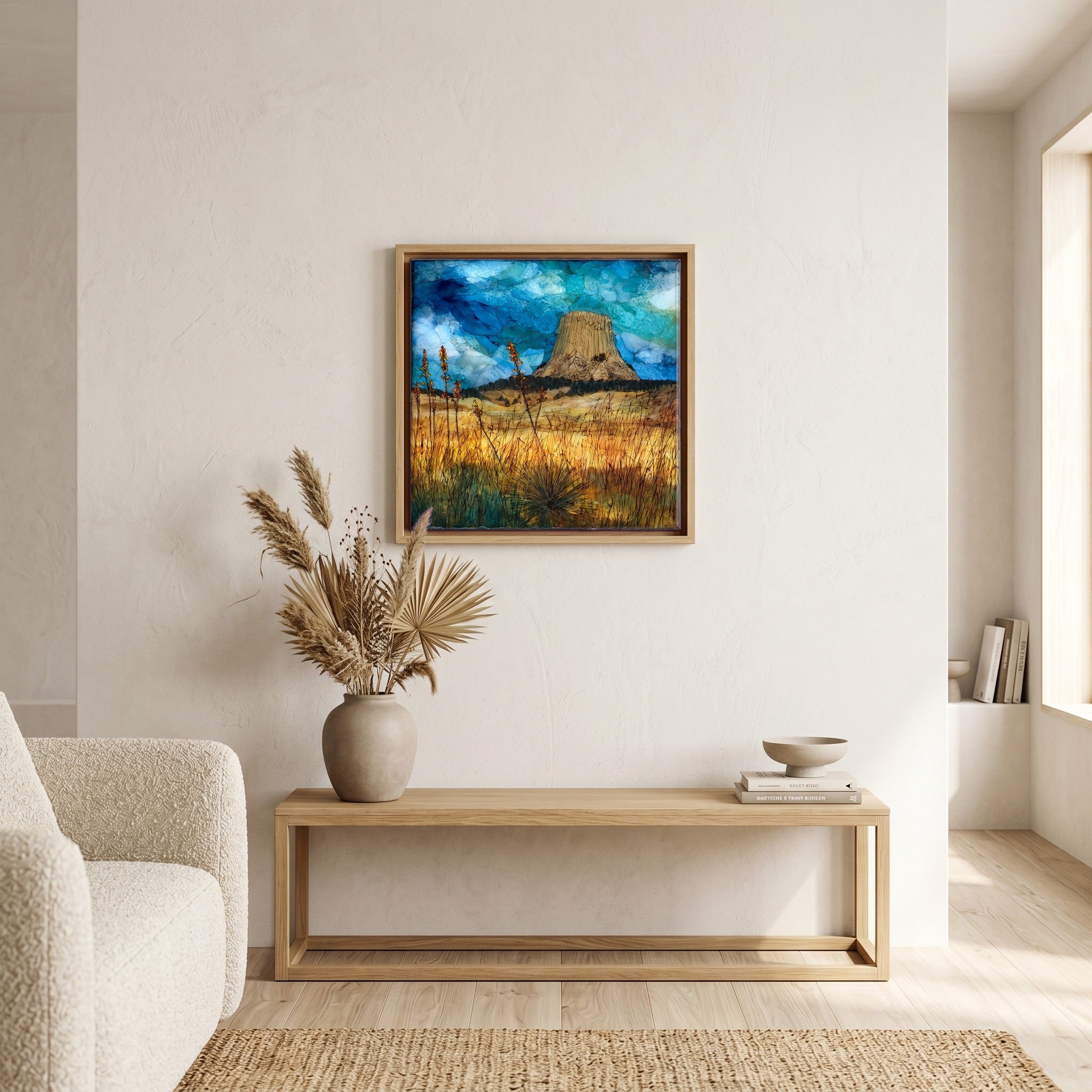 In the living room, above the sofa.
