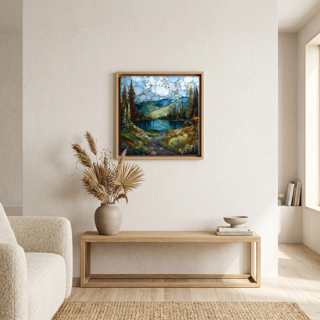 In the living room, above the sofa.