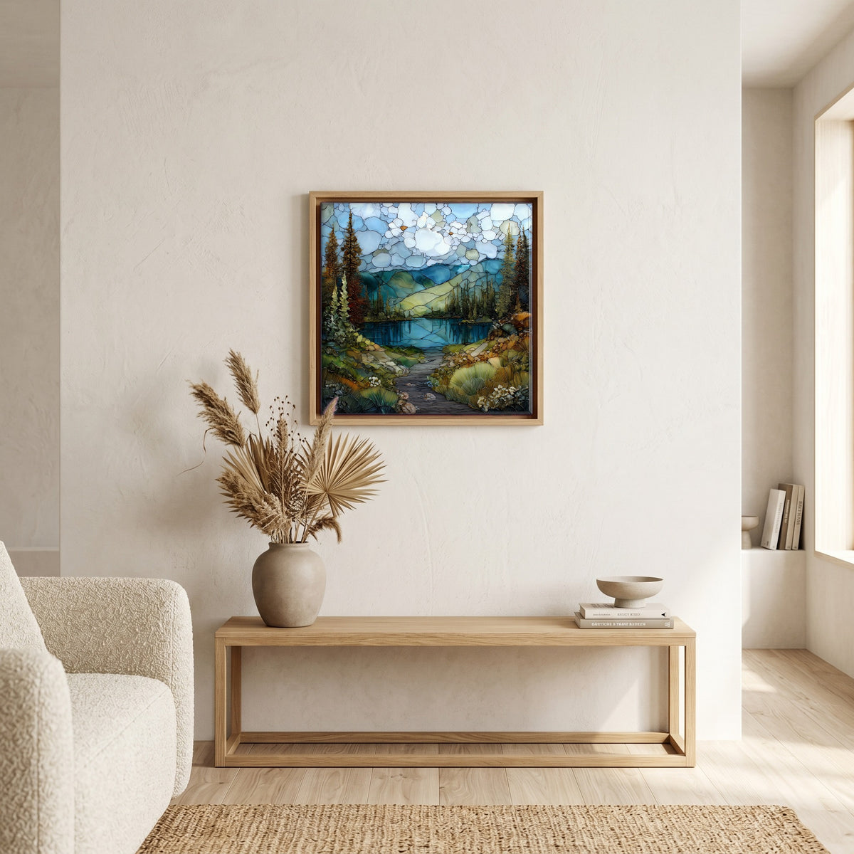 In the living room, above the sofa.
