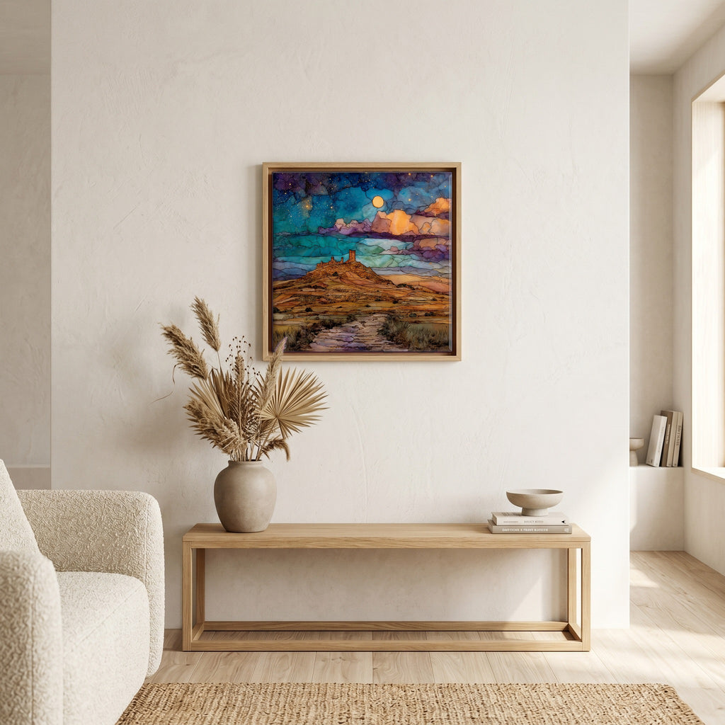 In the living room, above the sofa.
