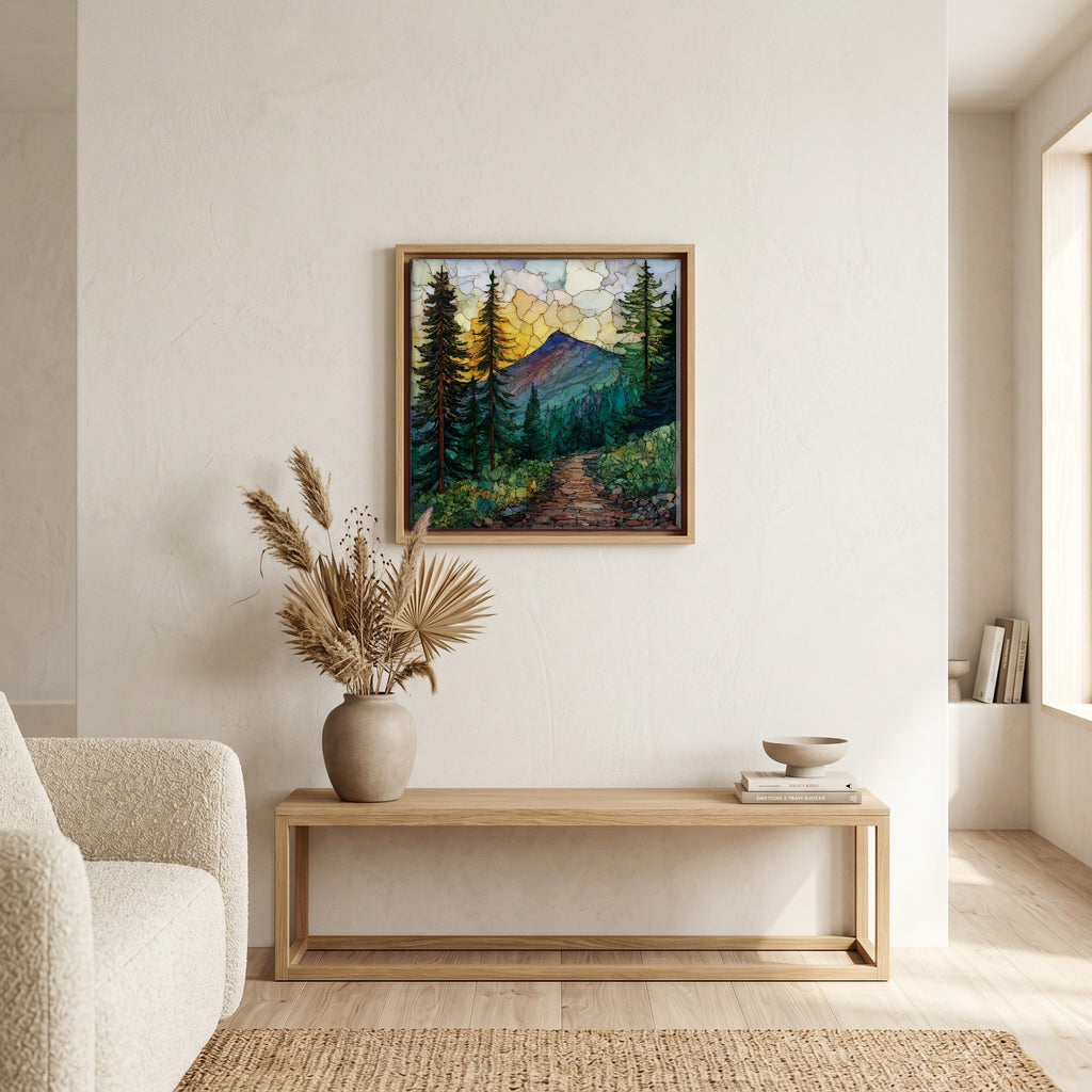 In the living room, above the sofa.
