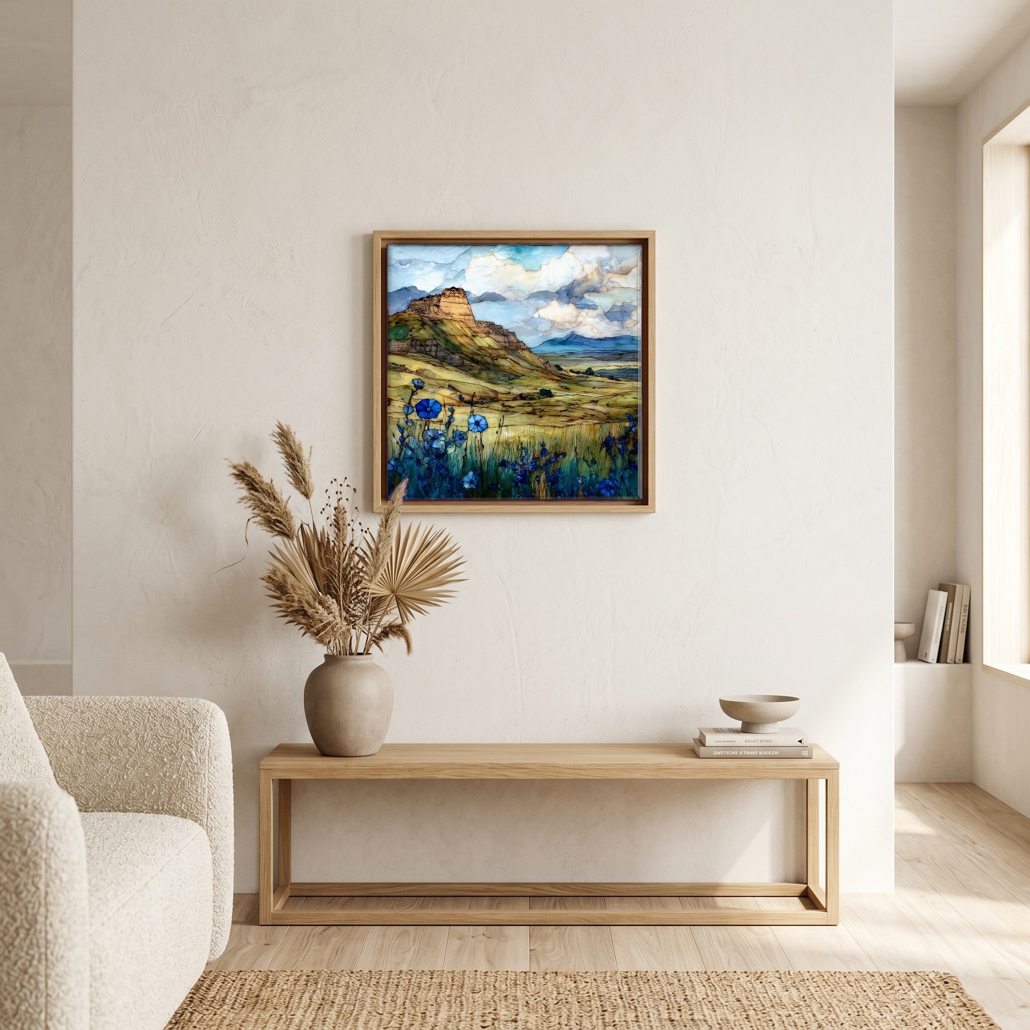 In the living room, above the sofa.