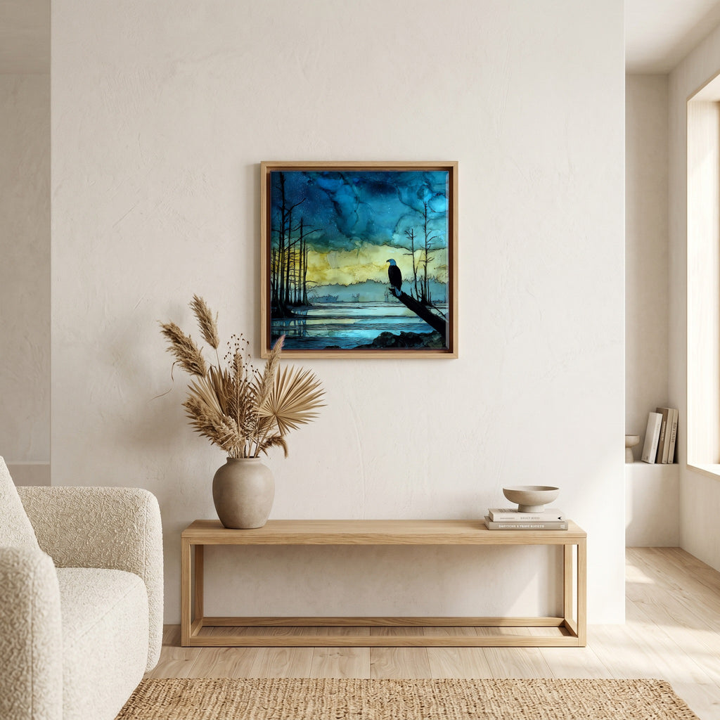 In the living room, above the sofa.