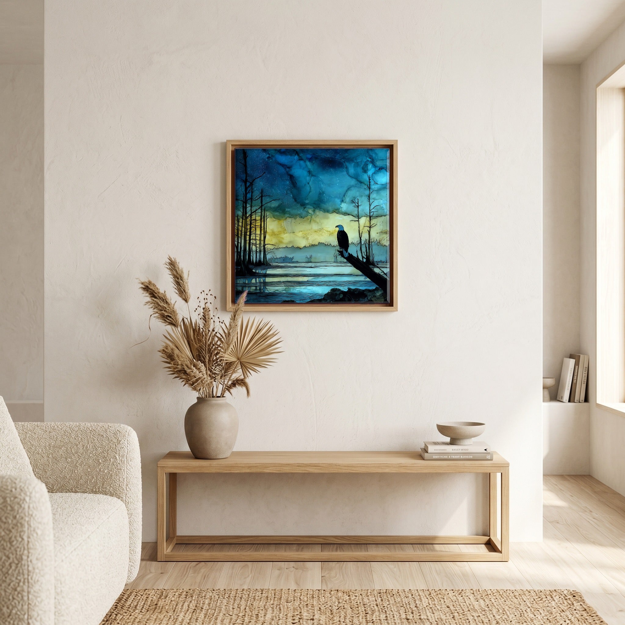 In the living room, above the sofa.