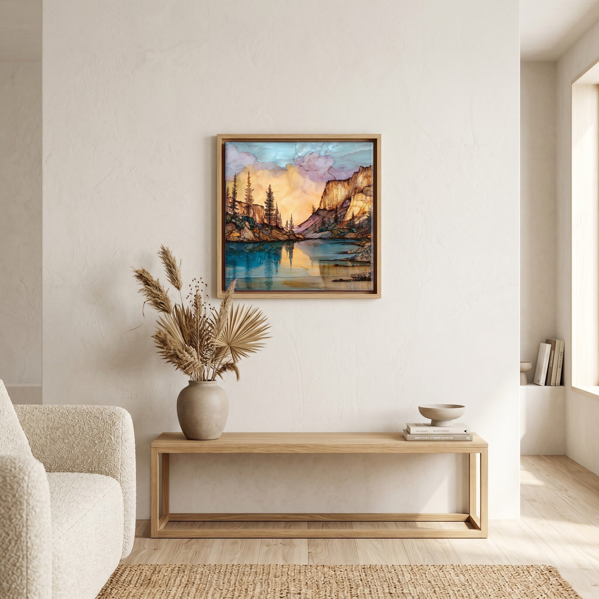 Above the bench, in a warm oak surround.