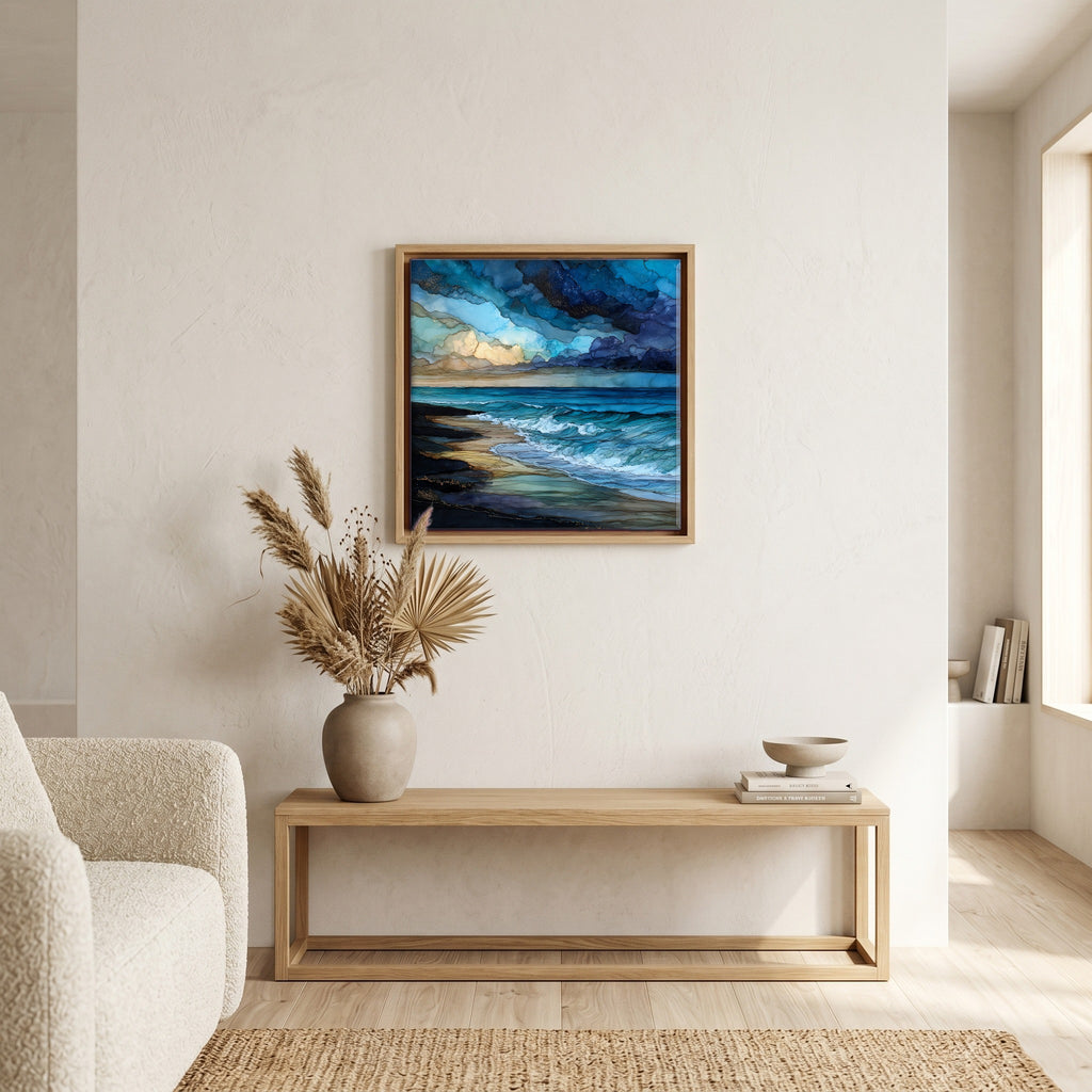 In the living room, above the sofa.