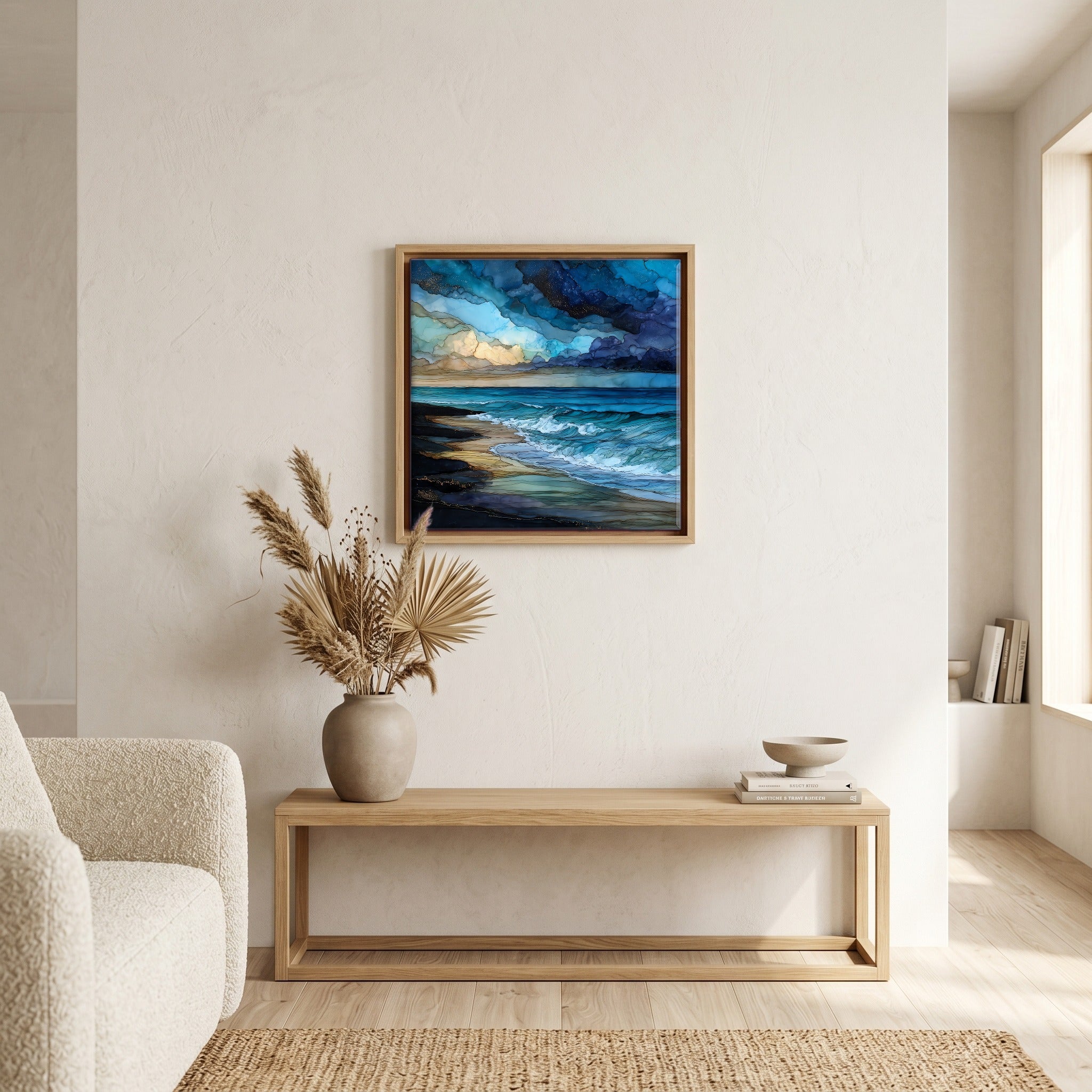 In the living room, above the sofa.
